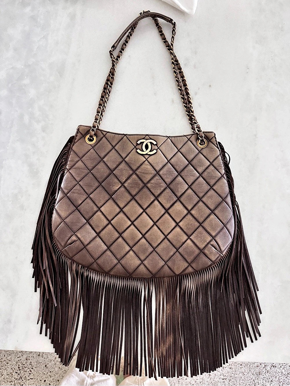 Rare 8859Chanel Paris Dallas Fringe Shoulder Bag in Brown Leather